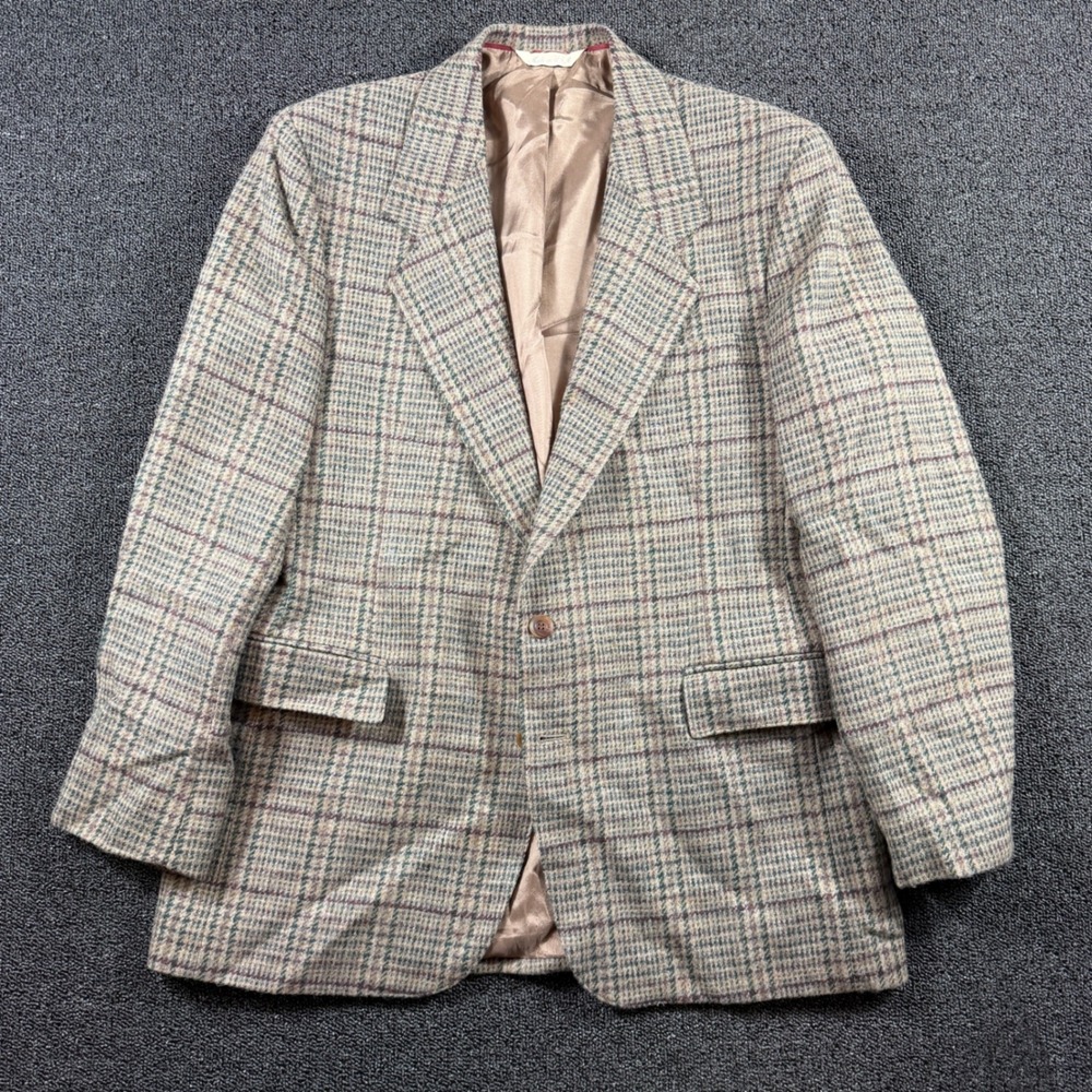 VTG David Hunter Levi Strauss Wool Tweed Blazer 42R Windowpane Plaid Woolmark